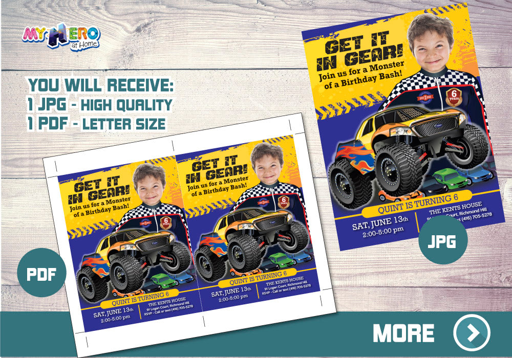 Monster Truck Photo Invitation, Monster Truck theme party, Monster Truck Birthday, Monster Truck Party Invitation. 442