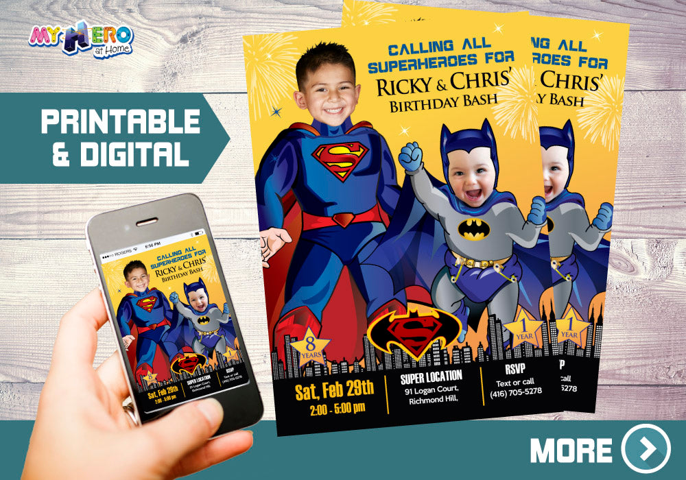 Superman and Batman Invitation. Joint Batman and Superman Invitation. Joint Superman Baby Batman Party. Joint Superheroes Party. 445