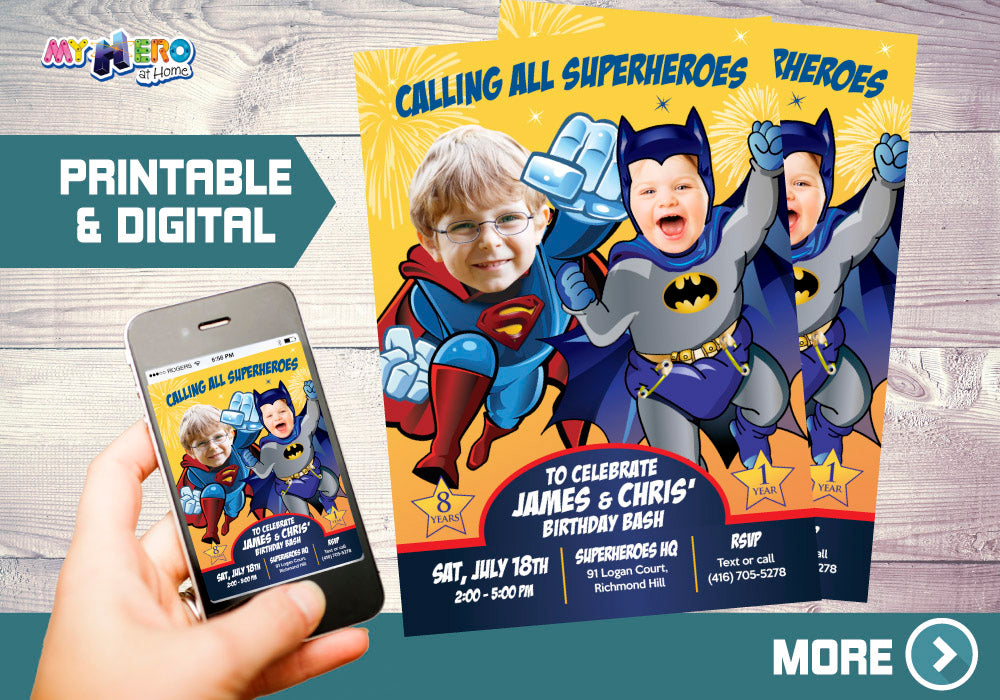 Joint Batman and Superman Invitation. Joint Superheroes Party. Batman and Superman Birthday Invitation. 446