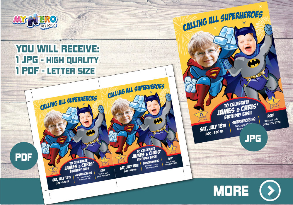 Joint Batman and Superman Invitation. Joint Superheroes Party. Batman and Superman Birthday Invitation. 446