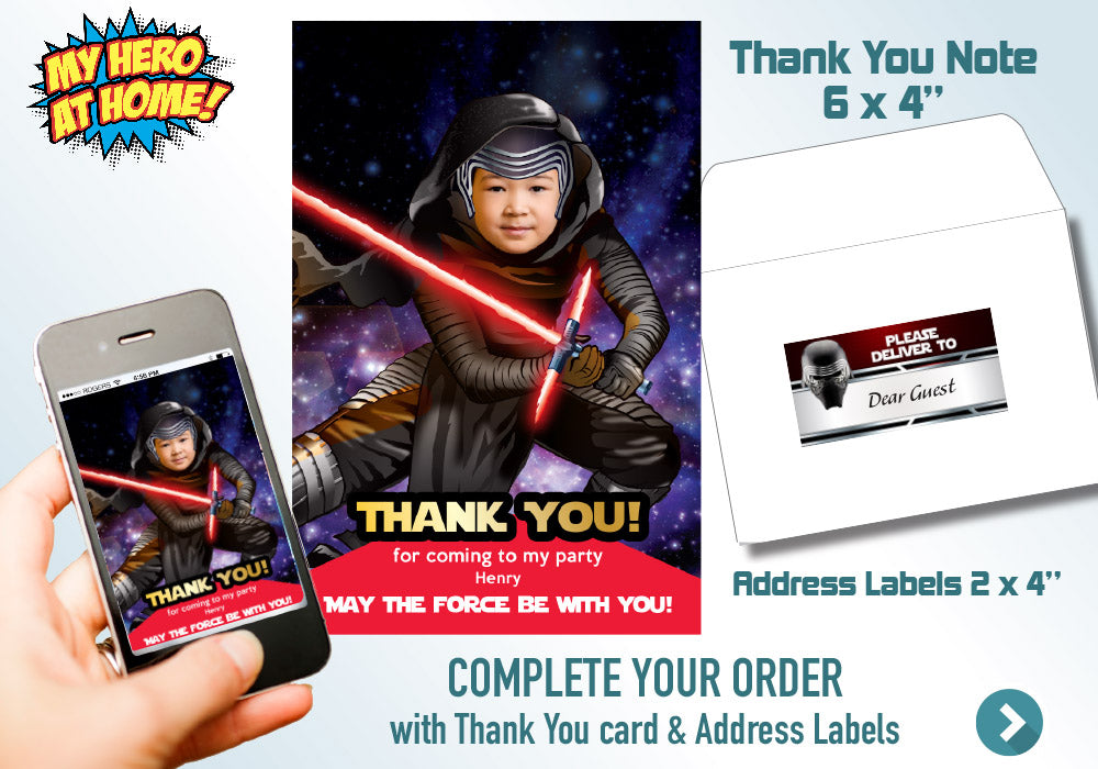 Kylo Ren Birthday Invitation, Kylo Ren Party Invite, Kylo Ren digital, Kylo Ren thank you, Kylo Ren favor tgas, Kylo Ren theme party. 457C