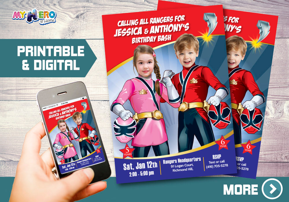Joint Power Rangers boy and girl Birthday Invitation, Power Ranger Siblings Party. 519