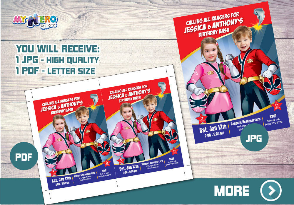 Joint Power Rangers boy and girl Birthday Invitation, Power Ranger Siblings Party. 519
