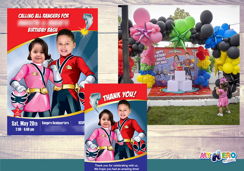 Joint Power Rangers boy and girl Birthday Invitation, Power Ranger Siblings Party. 519