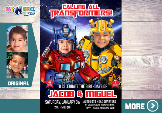 Joint Transformers Birthday Invitation, Transformers Siblings Party, Optimus Prime and Bumblebee Theme Party. 524