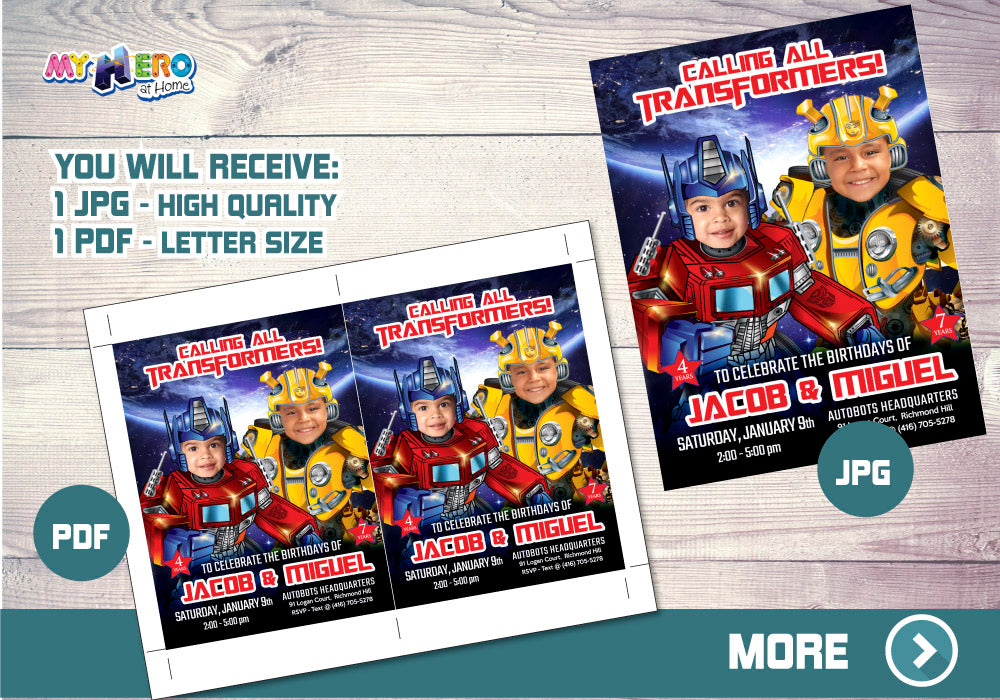 Joint Transformers Birthday Invitation, Transformers Siblings Party, Optimus Prime and Bumblebee Theme Party. 524