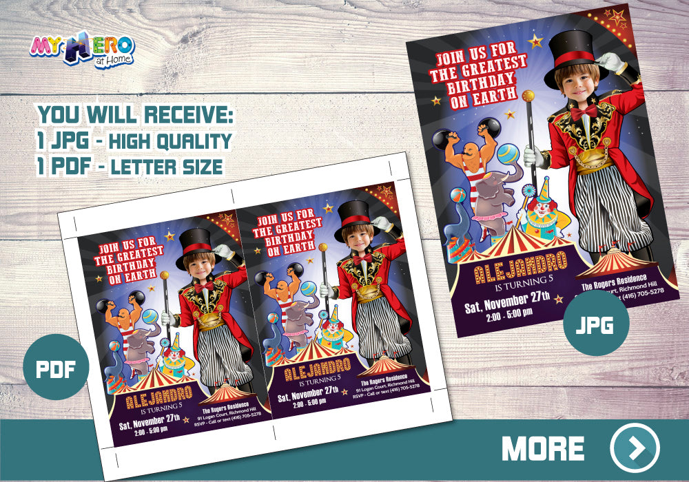 Circus Birthday Invitation, Ringmaster Invitation, Carnival Party Invitation, The greatest show birthday, Circus photo invitation. 546