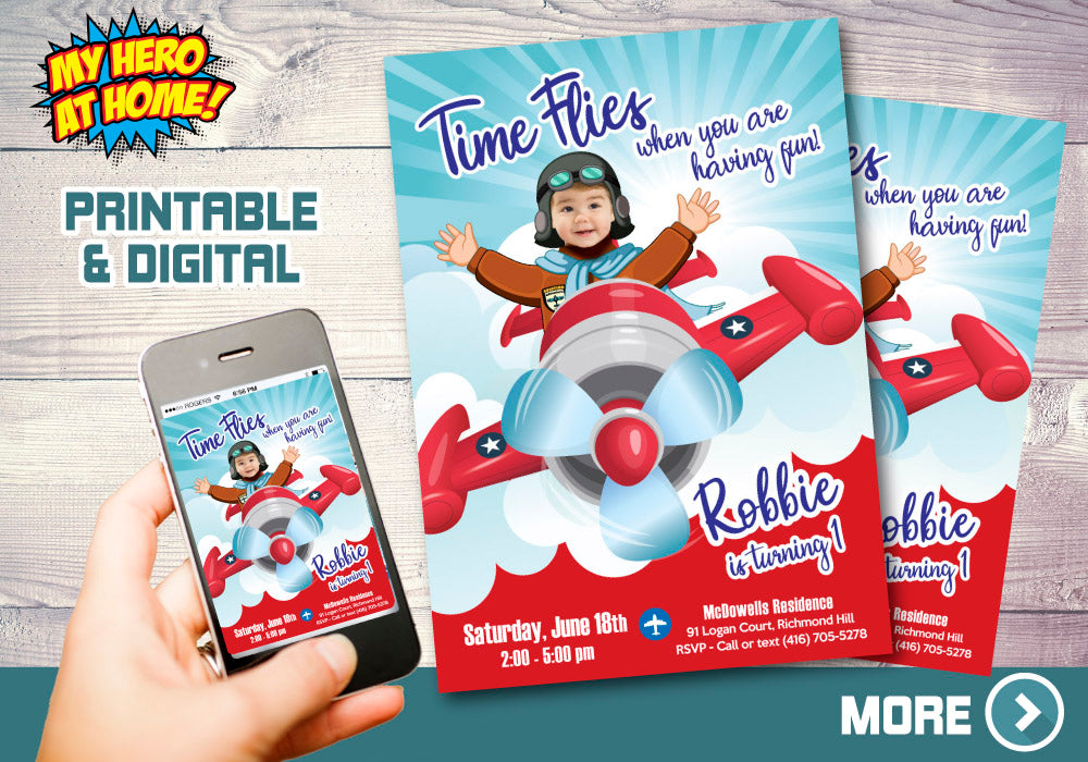 Airplane Invitation, Airplane theme party, Time Flies Invitation, Vintage Plane Invitation, Airplane thank you, Airplane party favors. 547C