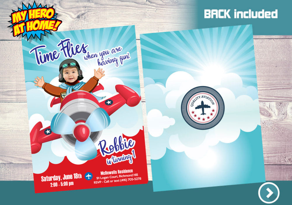 Airplane Invitation, Airplane theme party, Time Flies Invitation, Vintage Plane Invitation, Airplane thank you, Airplane party favors. 547C