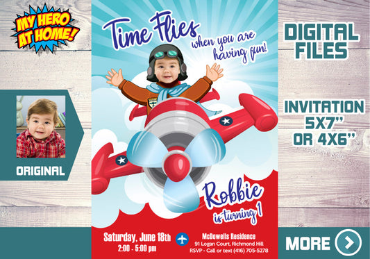 Airplane Time Flies birthday Invitation with your kid as the pilot, Vintage Plane template. 547