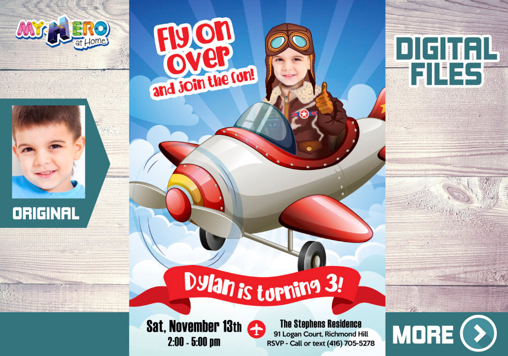 Airplane Invitation with photo, Airplane Digital, Time Flies Invitation, Pilot Bday Invitation, Vintage Plane Invitation. 548