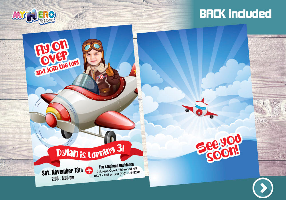 Airplane Invitation with photo, Airplane Digital, Time Flies Invitation, Pilot Bday Invitation, Vintage Plane Invitation. 548