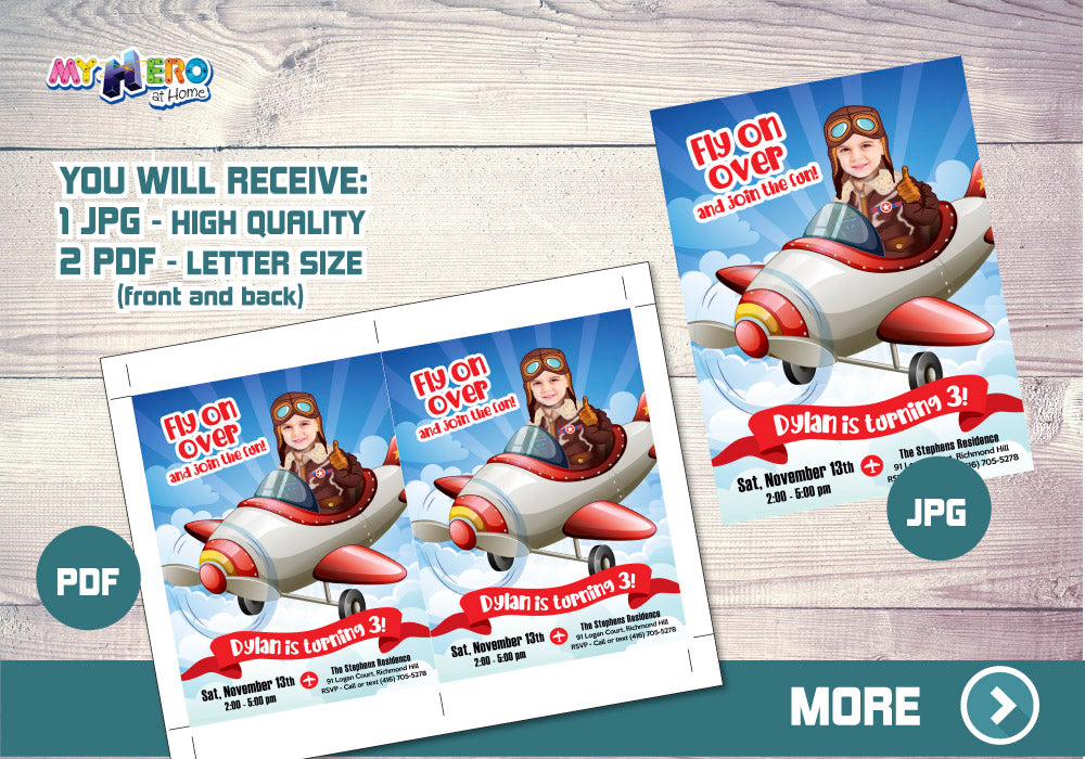 Airplane Invitation with photo, Airplane Digital, Time Flies Invitation, Pilot Bday Invitation, Vintage Plane Invitation. 548
