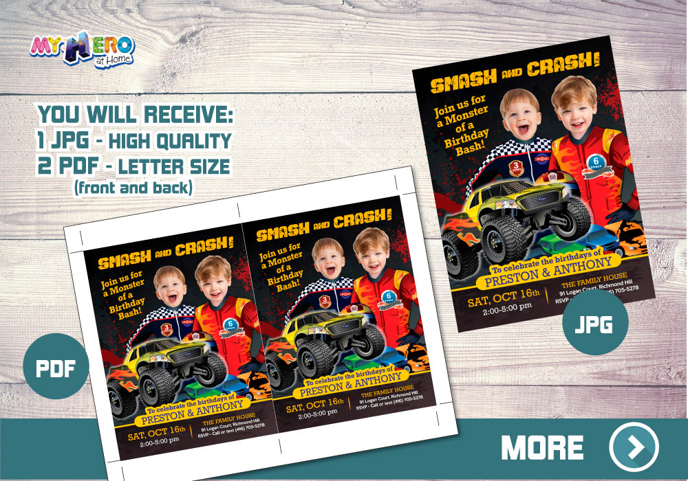 Joint Monsters Trucks Birthday Invitation, Joint Monsters Trucks Digital Invitation, Siblings Monsters Trucks Party. 549