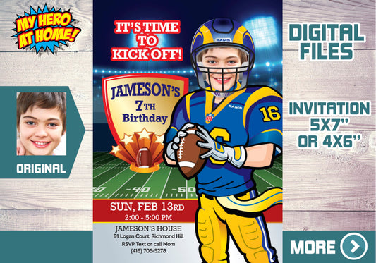 Angeles Rams Birthday Invitation with your kid as the star, Angeles Rams Kids Party invitation. 566C