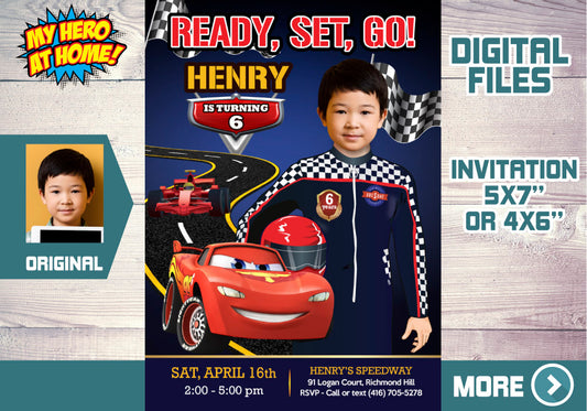 Cars Birthday Invitation with birthday boy as the star, Race Car Lighting McQueen Invitation. 569