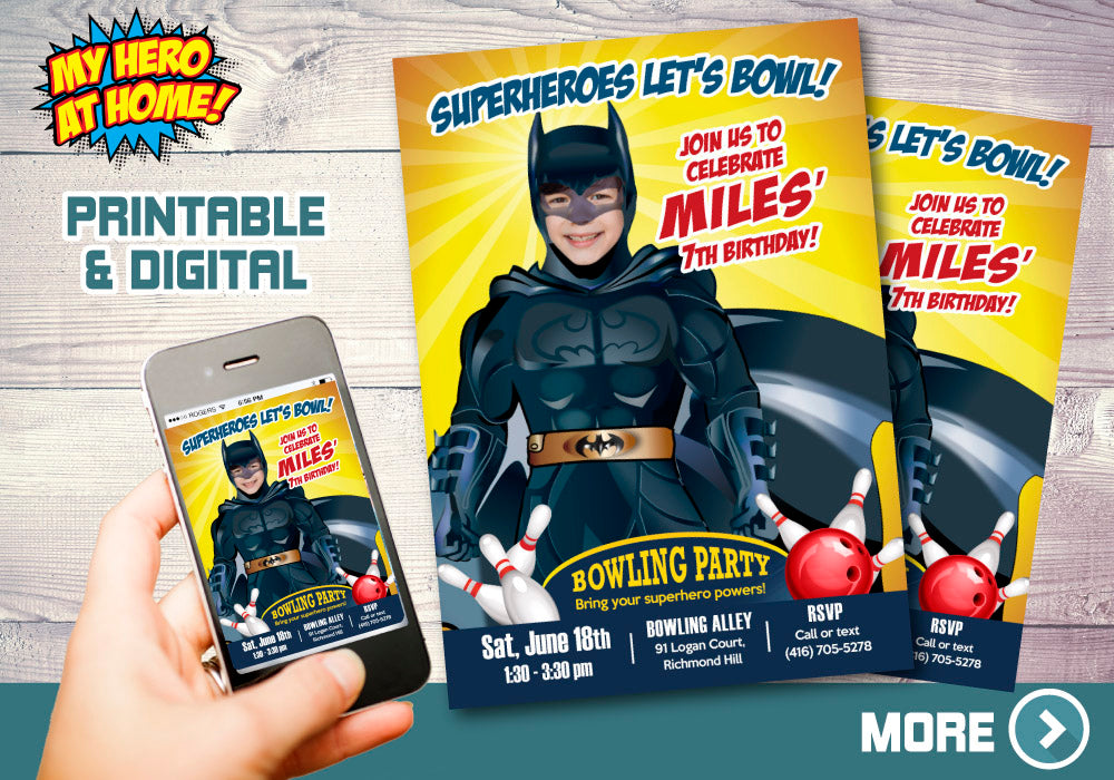 Batman Bowling Party Invitation with your boy as the star, Batman Bowling theme party. 578