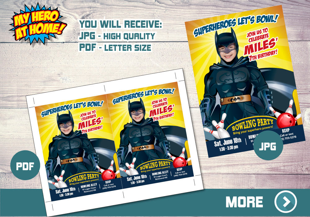 Batman Bowling Party Invitation with your boy as the star, Batman Bowling theme party. 578