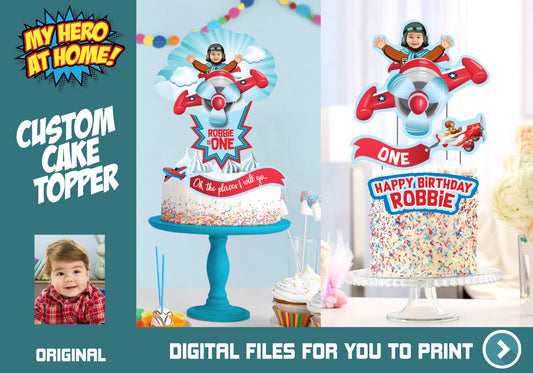 Airplane Cake topper personalized with your kid as the pilot, DIY Airplane printable cake decor. 587