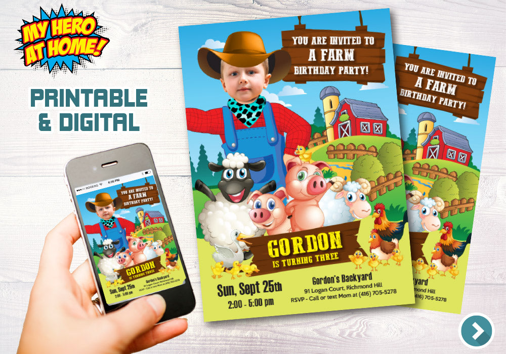 Farm Photo Invitation, Farm digital Invitation, Farm Birthday Invitation, Barn Animals Party Invite, Boys Farm Invite, Barn Invitation. 605C
