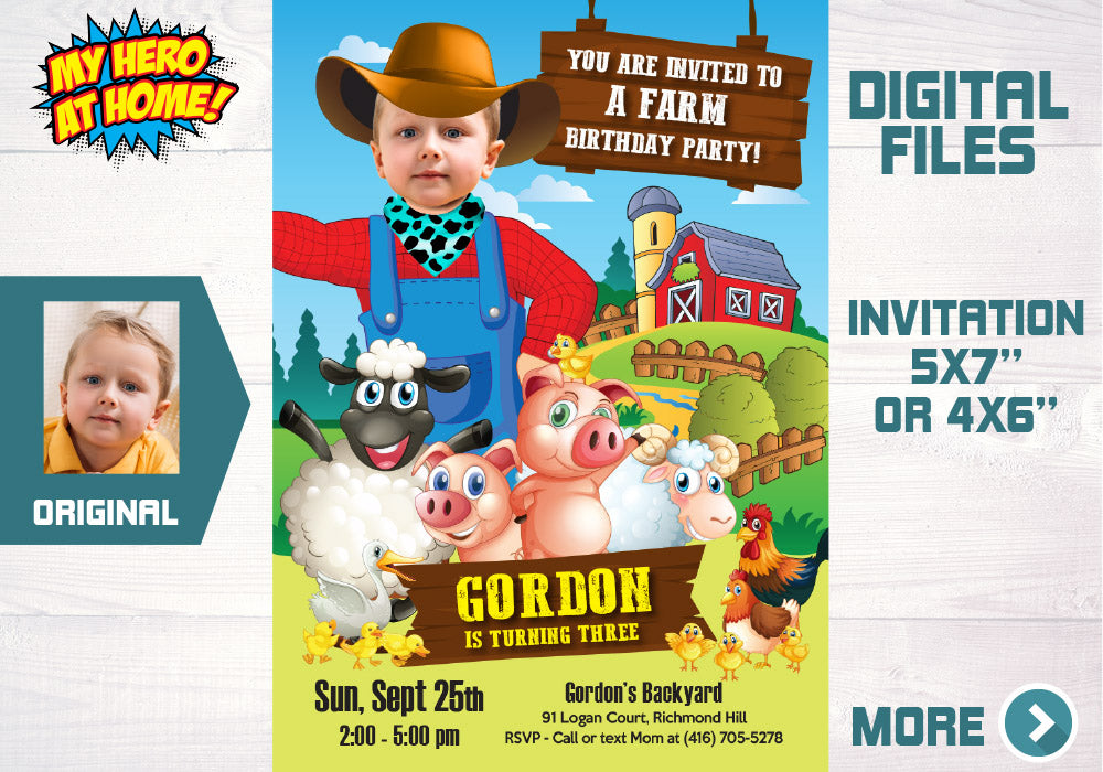 Farm Photo Invitation, Farm digital Invitation, Farm Birthday Invitation, Barn Animals Party Invite, Boys Farm Invite, Barn Invitation. 605C