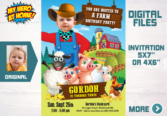 Farm Photo Invitation, Farm digital Invitation, Farm Birthday Invitation, Barn Animals Party Invite, Boys Farm Invite, Barn Invitation. 605C