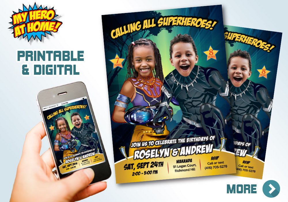 Black Panther and Shuri birthday Invitation with photos, Black Panther Siblings invite. 608