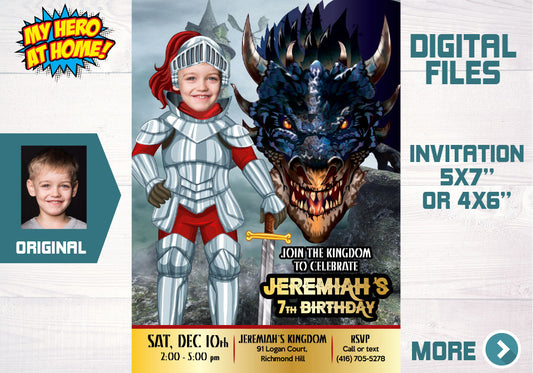 Dragons kid birthday Invitation with photo, Medieval little knight birthday Invitation. 614C