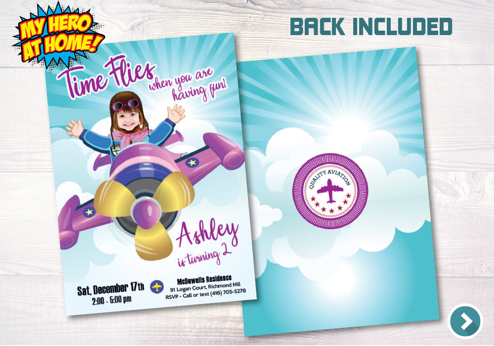 Pink Airplane Invitation with photo, Girl Airplane theme party, Pink Airplane Invitation, Girl Airplane thank you, Airplane party favors. 625C