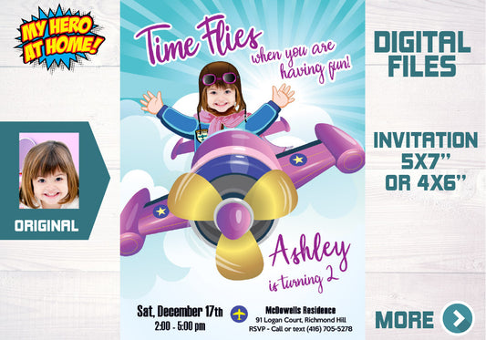 Pink Airplane birthday Invitation with photo of birthday girl, Pink Airplane party template. 625