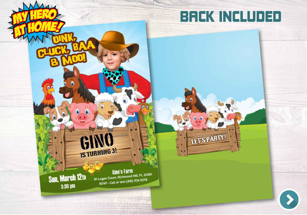 Farm birthday Invitation with photo, Custom Farm Invitation, Barn Bash party, Custom Farm thank you, Farm photo invitation. 628C